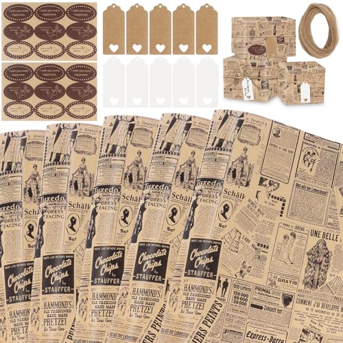Tnoeuz 18 Pack Vintage Newspaper Wrapping Paper Retro Old Newspaper Wrapping Paper Sheets Gift Wrap Paper for Birthday Christmas Valentines Day Gift Packing DIY Crafts
