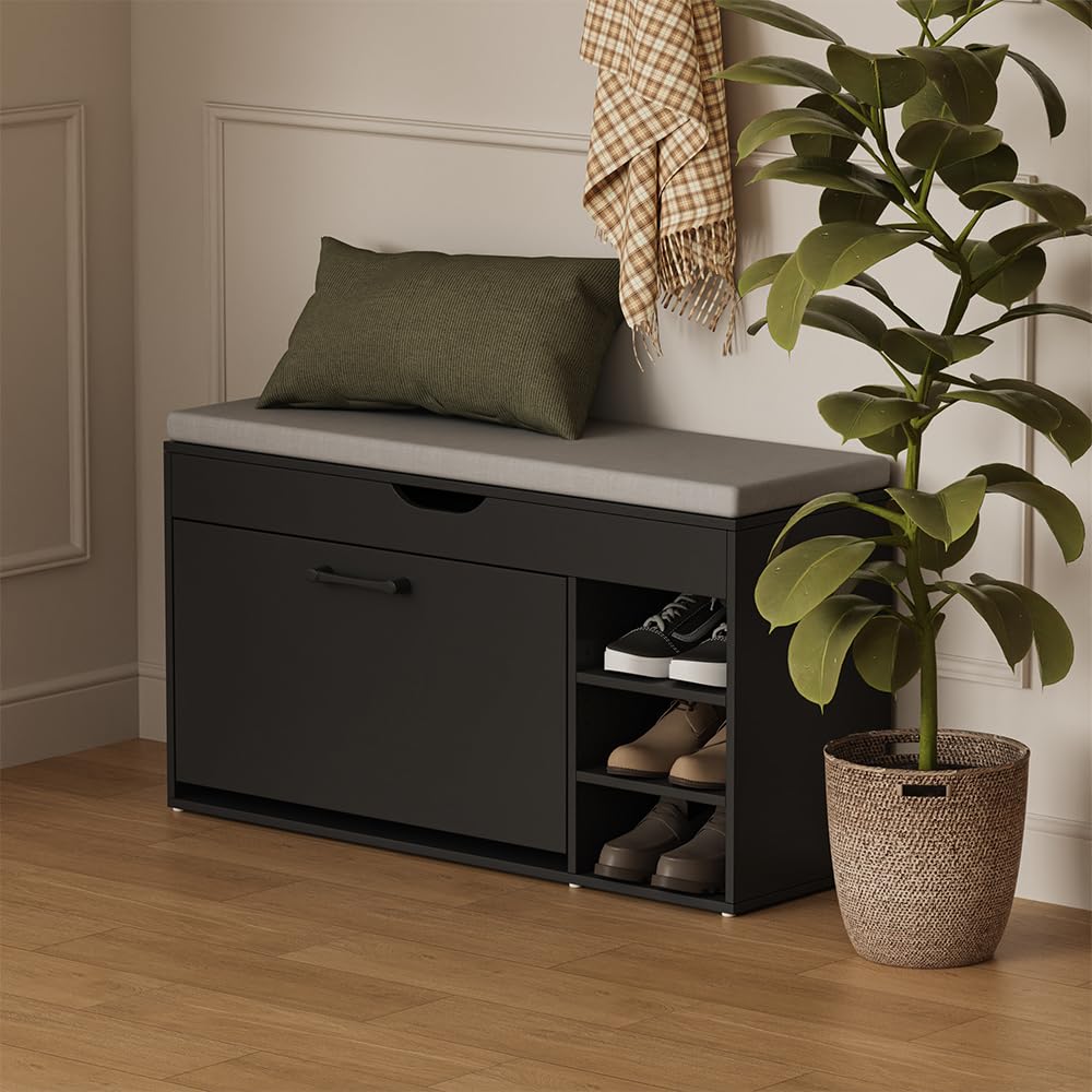 Vicco Schuhbank Solino, Schwarz/Grau, 90 x 50 cm mit Sitzfläche, zur Aufbewahrung von Schuhen und Alltagsgegenständen
