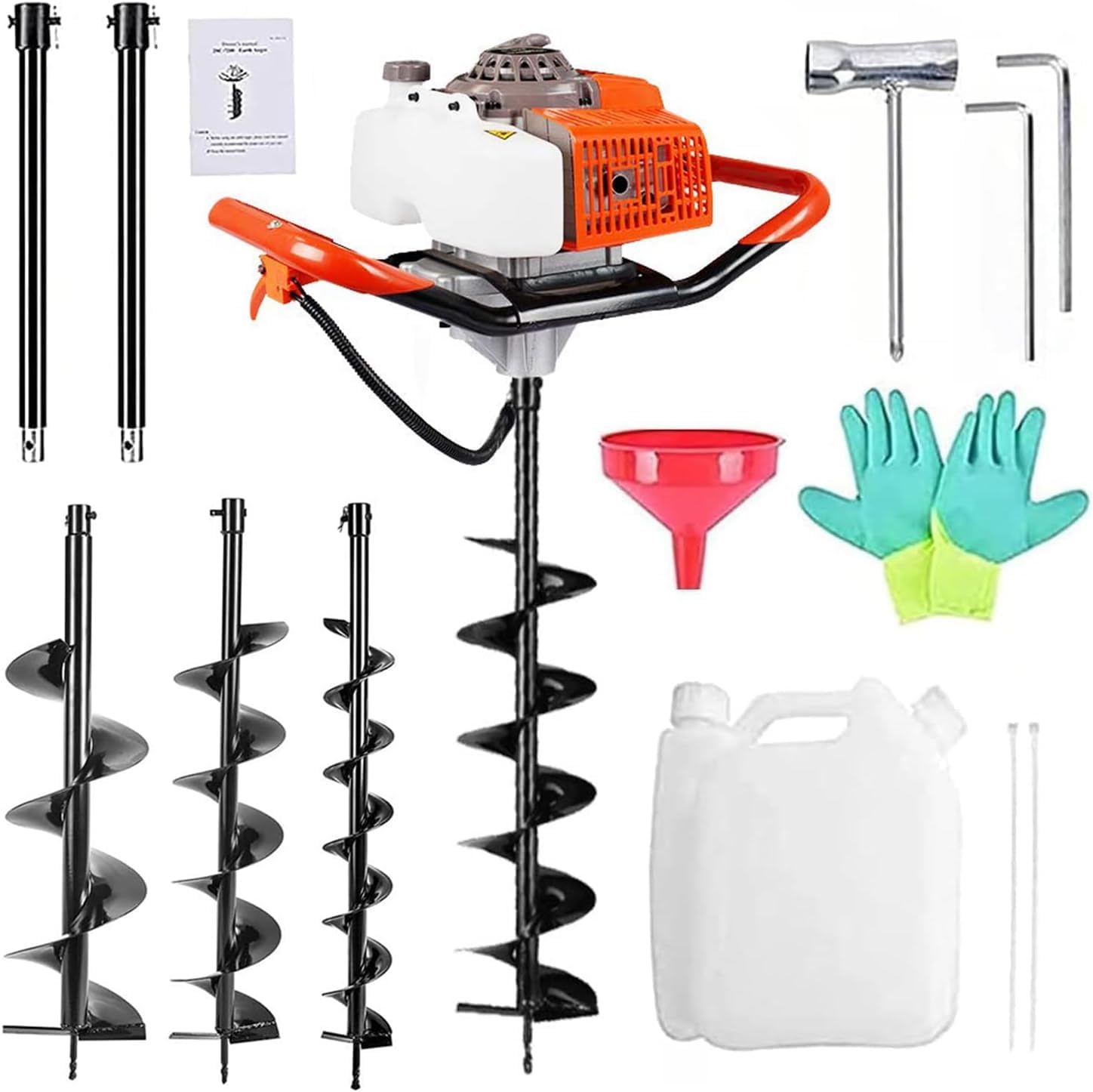 72cc 2200W Post Hole Digger Gas Powered Earth Auger Digger with 3 Drill Bit 4" & 8" & 12" and 2 Extension Rods 24" 24" for Fence Farmland Garden Plant