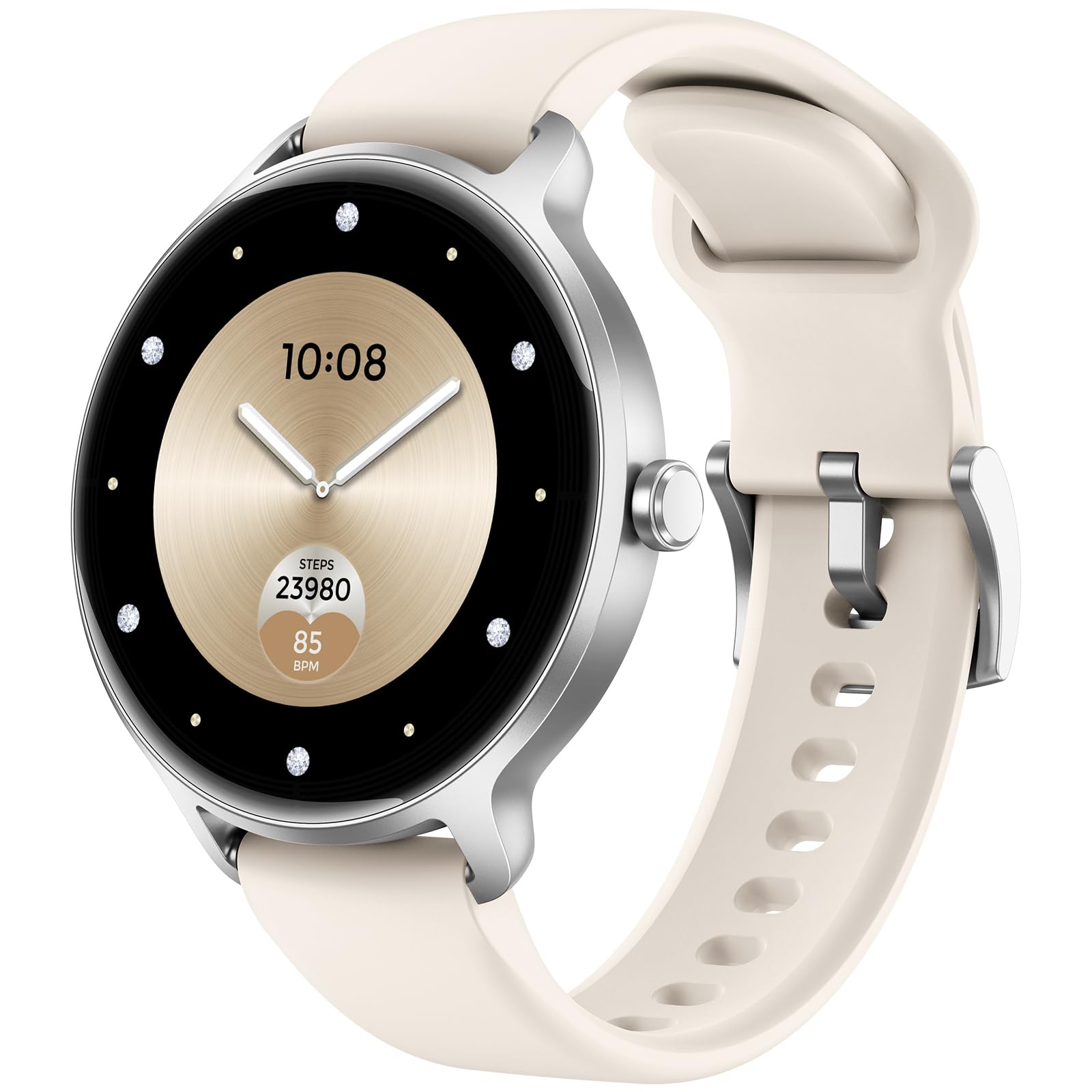 Smartwatch Damen Herren Rund, 1.27" AMOLED Smart Watch mit Telefonfunktion, Fitnessuhr mit Pulsuhr SpO2 Schlafmonitor Schrittzähler, 120+ Sportmodi Sportuhr IP68 Wasserdicht für iOS Android Beige