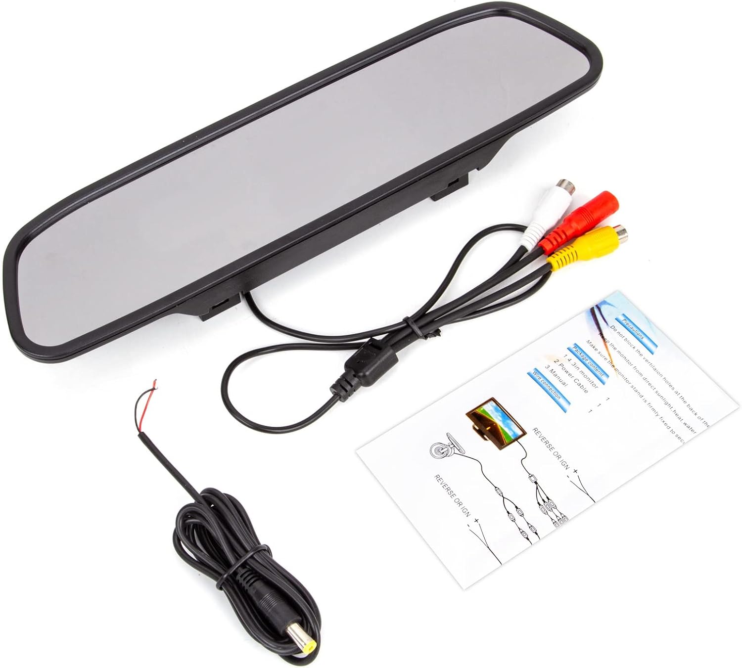 4.3 inch Car Video Monitor Auto Rear View Mirror LCD Screen 12V-24V Universal Mount Clip-On Current Mirror for Backup Camera/Front Camera/Media Player/Safety Driving 2 Ways RCA Input