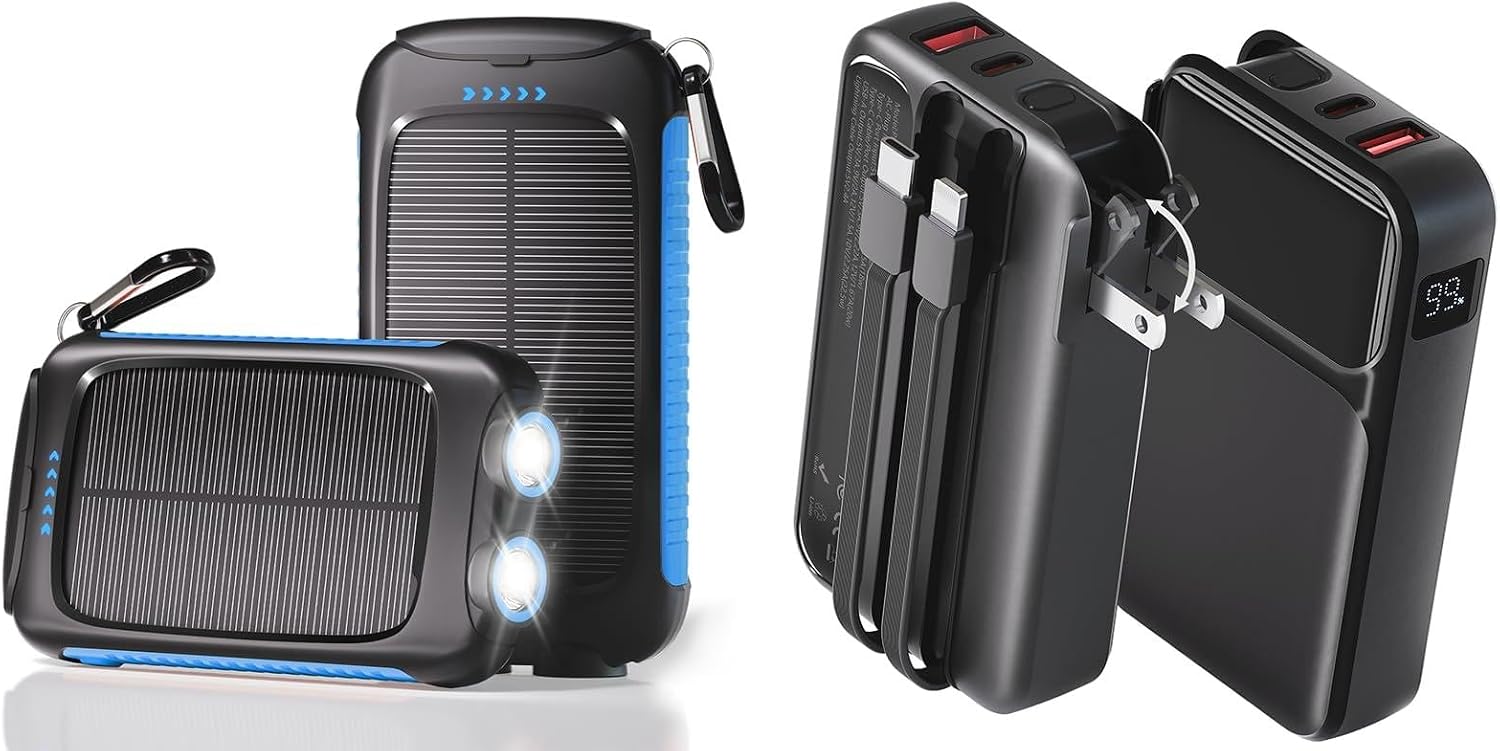 Portable Charger with Wall Plug, 38800mAh Power Bank 22.5W Fast Charging, Built-in Lightning & USB-C Cables and Portable Charger Solar Power Bank