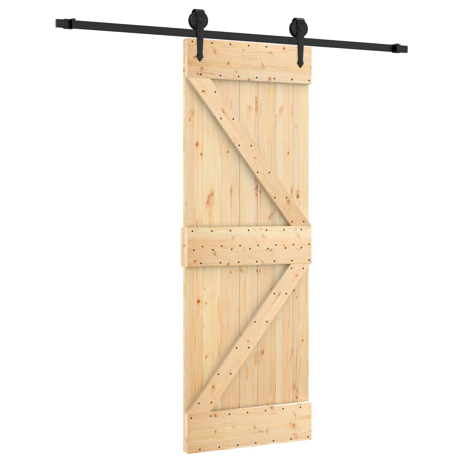 Nowoczesne drzwi przesuwne 70 x 210 cm z litego drewna sosnowego z naturalnym wykończeniem i czarnymi malowanymi proszkowo elementami stalowymi, oszczędzający miejsce mechanizm wychylny u góry