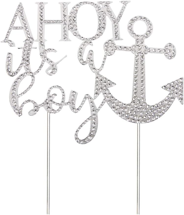 WeBenison AHOY It's a Boy Cake Topper Nautical Themed Anchor Baby Shower ,1st Birthday Gender Reveal Cake Topper Silver Metal with Crystal Rhinestone Party Decorations