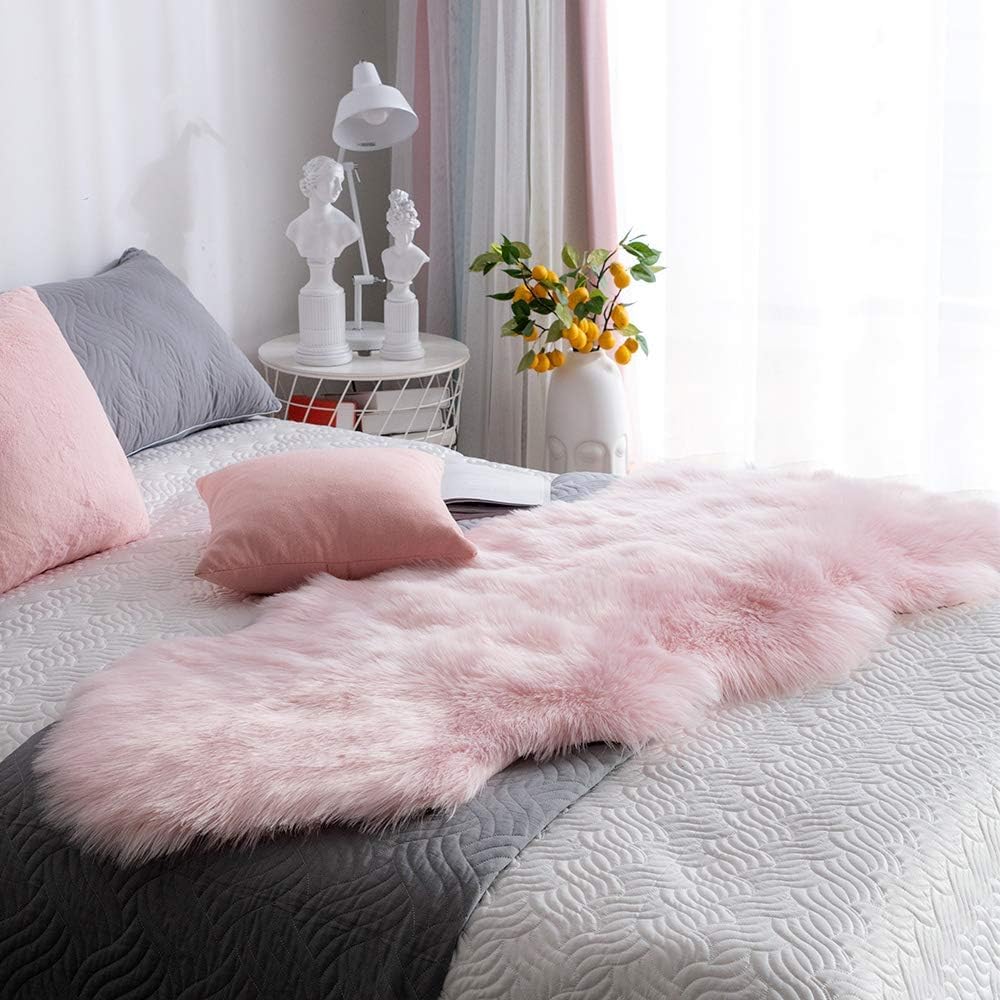 Tapis En Peau De Mouton Synthétique Rose - 60 X 160 Cm - Moelleux, Poils Longs 60mm - Déco Salon, Chambre, Chambre Enfant - Lavable