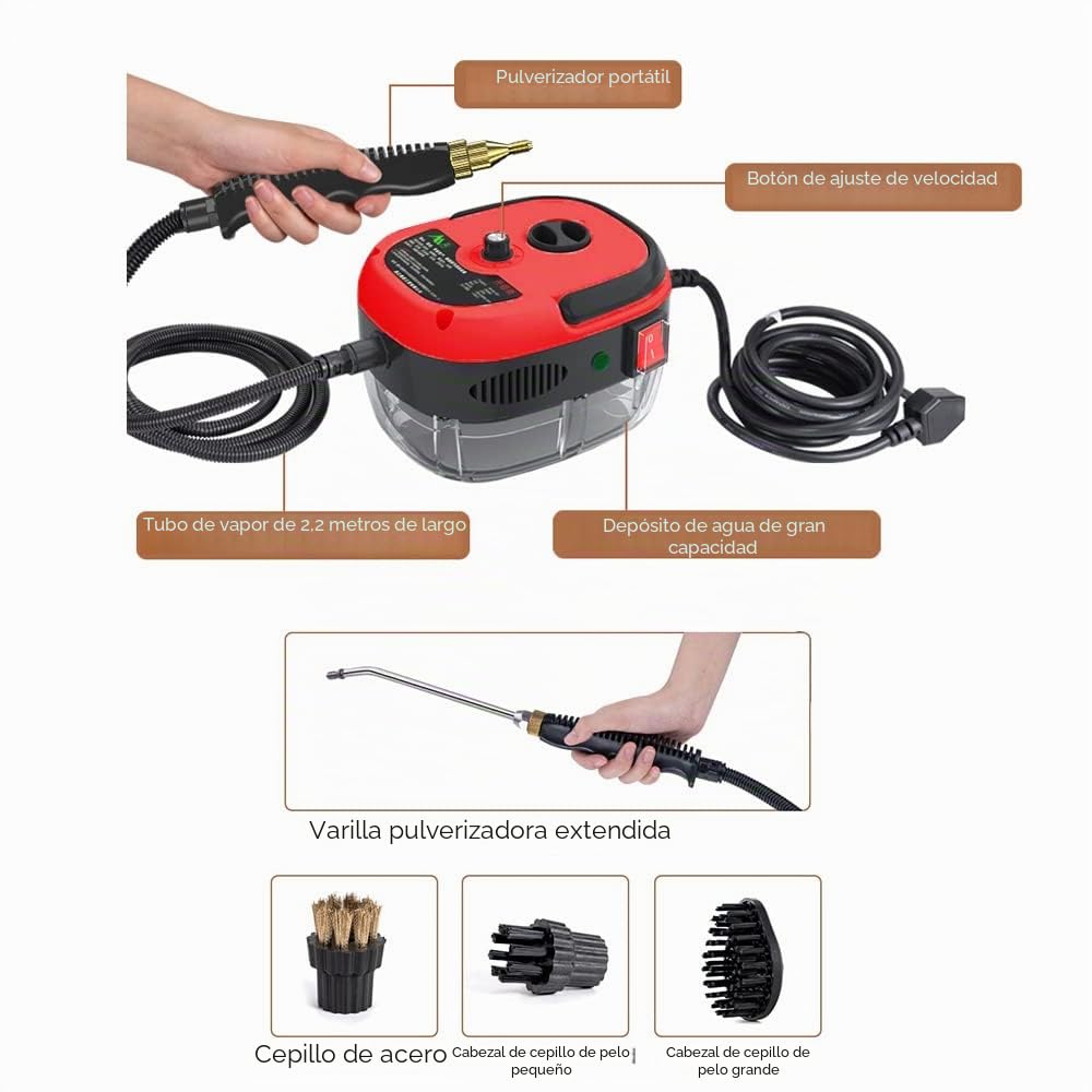Limpiador a Vapor portátil portátil de 2500 W Máquina de Limpieza a Vapor presurizada de Alta Temperatura con Cabezales para Muebles de Cocina Coche de baño