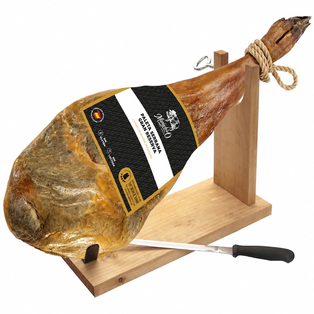 Spalla di Prosciutto Serrano Gran Reserva Spagnolo 4–5 kg con supporto e coltello | Jamon Serrano stagionato 12+ mesi (Paleta Serrana) | Senza additivi | Certificato UE (ETG) | Prodotto in Spagna