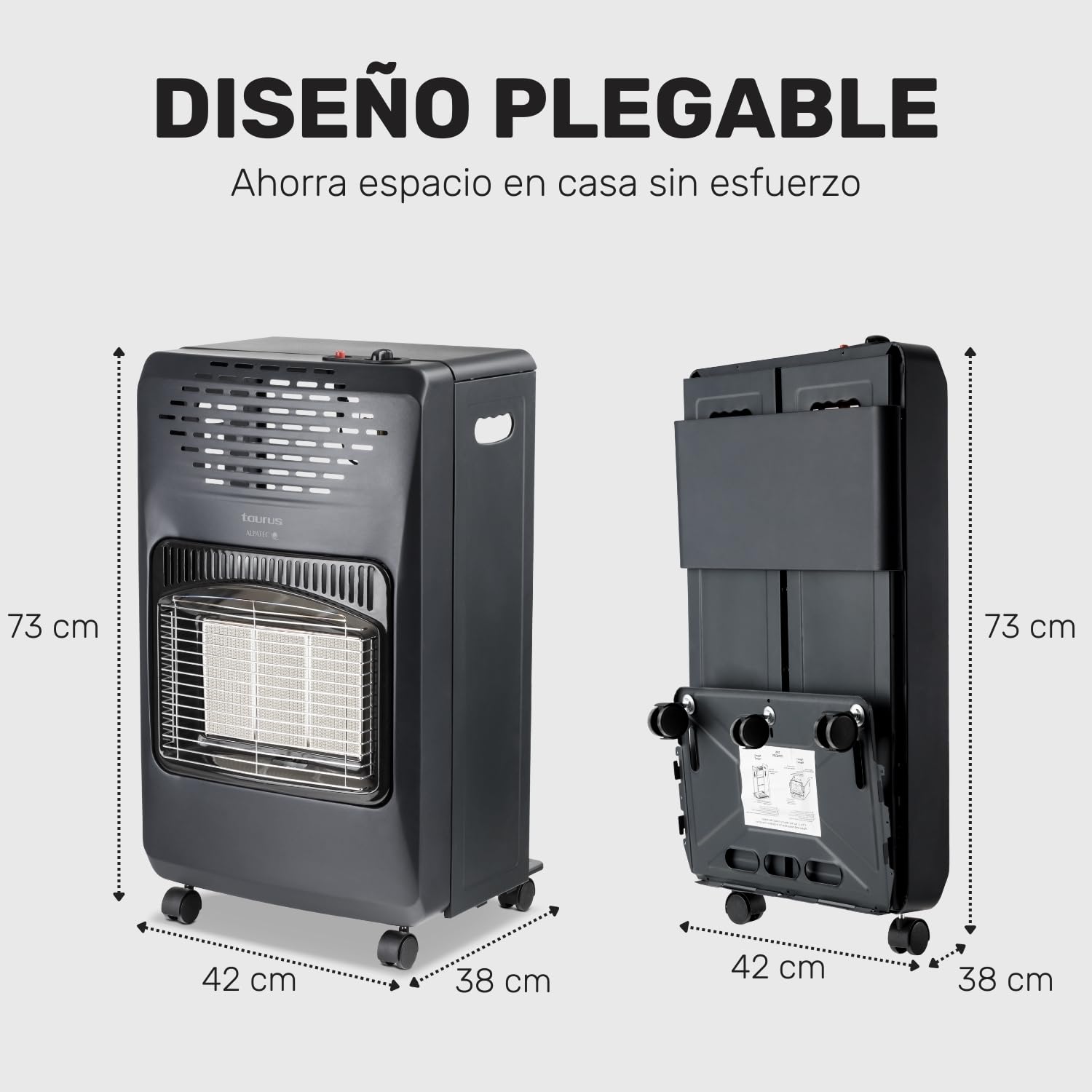 Taurus Gas Compact - Estufa de gas butano, estufa plegable, 4.2kW, 3 niveles de potencia, encendido piezoeléctrico, triple sistema de seguridad, 5 ruedas, bombona carga butano de máx 15kg