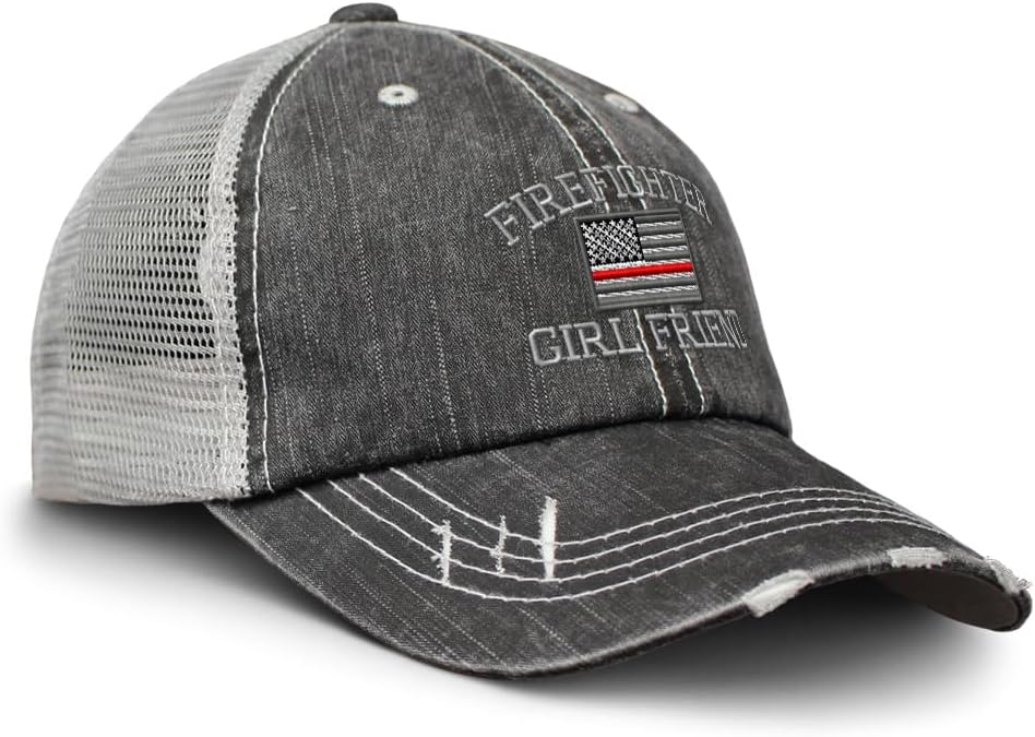 Soft Mesh Cap Hat Embroidered Firefighter Girlfriend Embroidery Distressed Vintage Cap Cotton