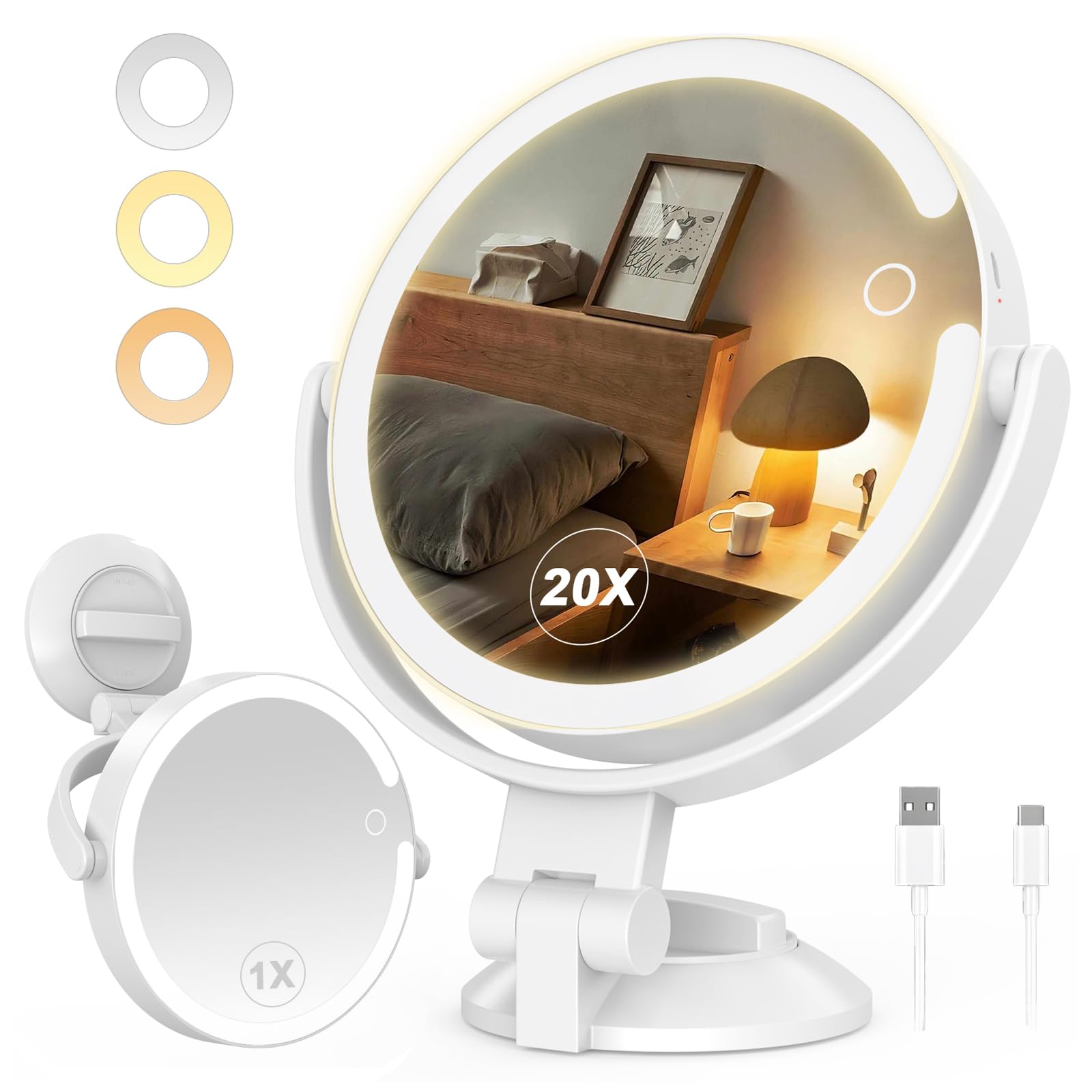 SURFOU Magnifying Mirror with Suction Cup, 20 x with Lighting, 3 Colour Modes  Dimmable, 8 Inch Mirror with Lighting, Cosmetic Mirror for Bathroom, Makeup