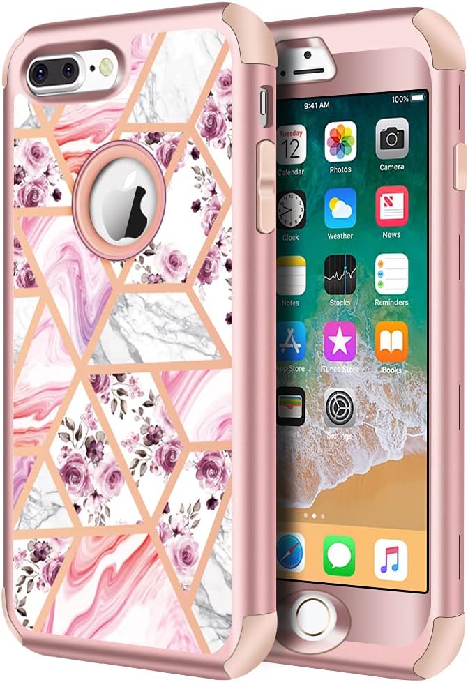 Hython Defender Protective Case for iPhone 7 Plus and 8 Plus, Floral and Marble Glitter Sparkle Hard Shell Hybrid Shockproof Rubber Bumper Cover