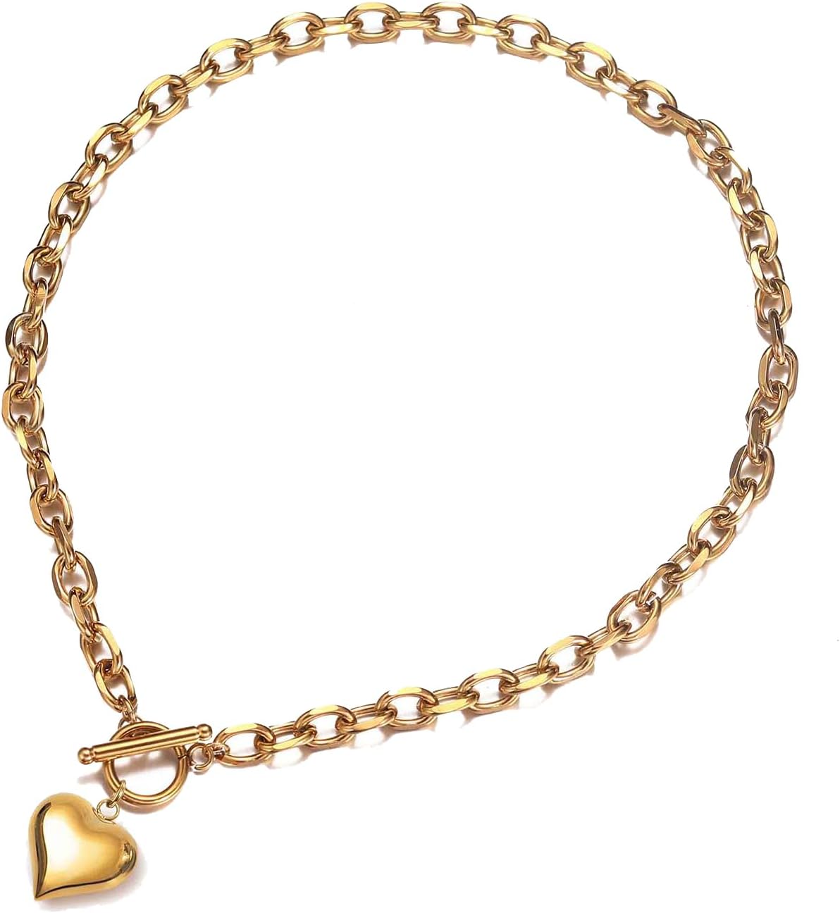 Stainless Steel Puffy Heart Pendant Thick Chain Statement Choker Collar Chunky Necklace for Women Toggle Clasp Birthday Gifts for Lover