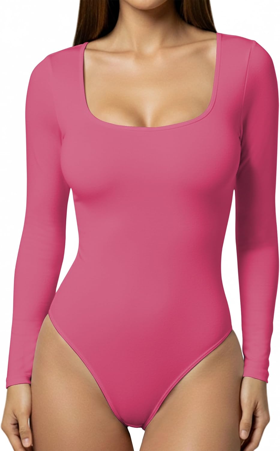 YOGINGO Long Sleeve Square Neck Bodysuits for Womens, Body Suits Tops Going Out Basic Leotards Slim Fitted Outfits Shirt
