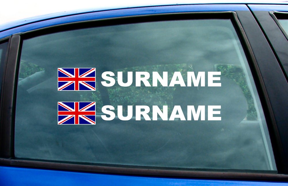 Union Jack England Scotland Wales Ireland Flag Rally Race Tag Names Surname Text Window Stickers Decals Small to Large Sizes