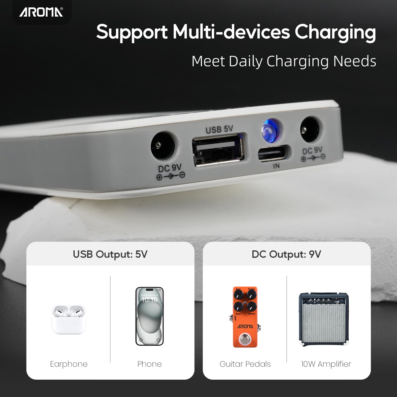 Aroma Alimentatore Ricaricabile a Batteria per Pedaliera Chitarra con Power Bank Integrato da 10000mAh per Pedali Effetto a 9V e Altri Dispositivi
