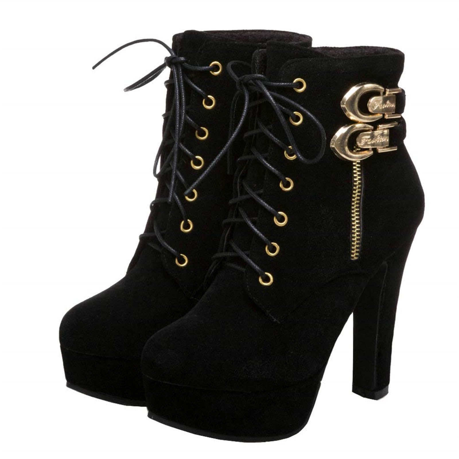 High Heel Booties for Women Lace-up Buckle Block Heel Dressy Ankle Boots Fashion Round Toe Platform Wedding Heeled
