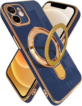 Sizkawil Re iPhone 12 Case, MagSafe Compatible, Ring Stand, Lens Protection Cover, Wireless Charging, Shockproof, Hybrid 8, Smartphone Case, Pack of 1, Blue
