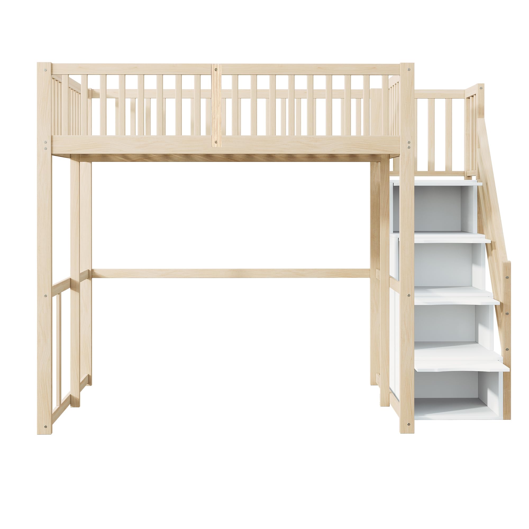 Merax Lit Mezzanine 140 x 200 cm, Multifonction Lit Enfant avec Espace de Rangement Escalier, Couleur Bois et Blanc (sans Matelas)