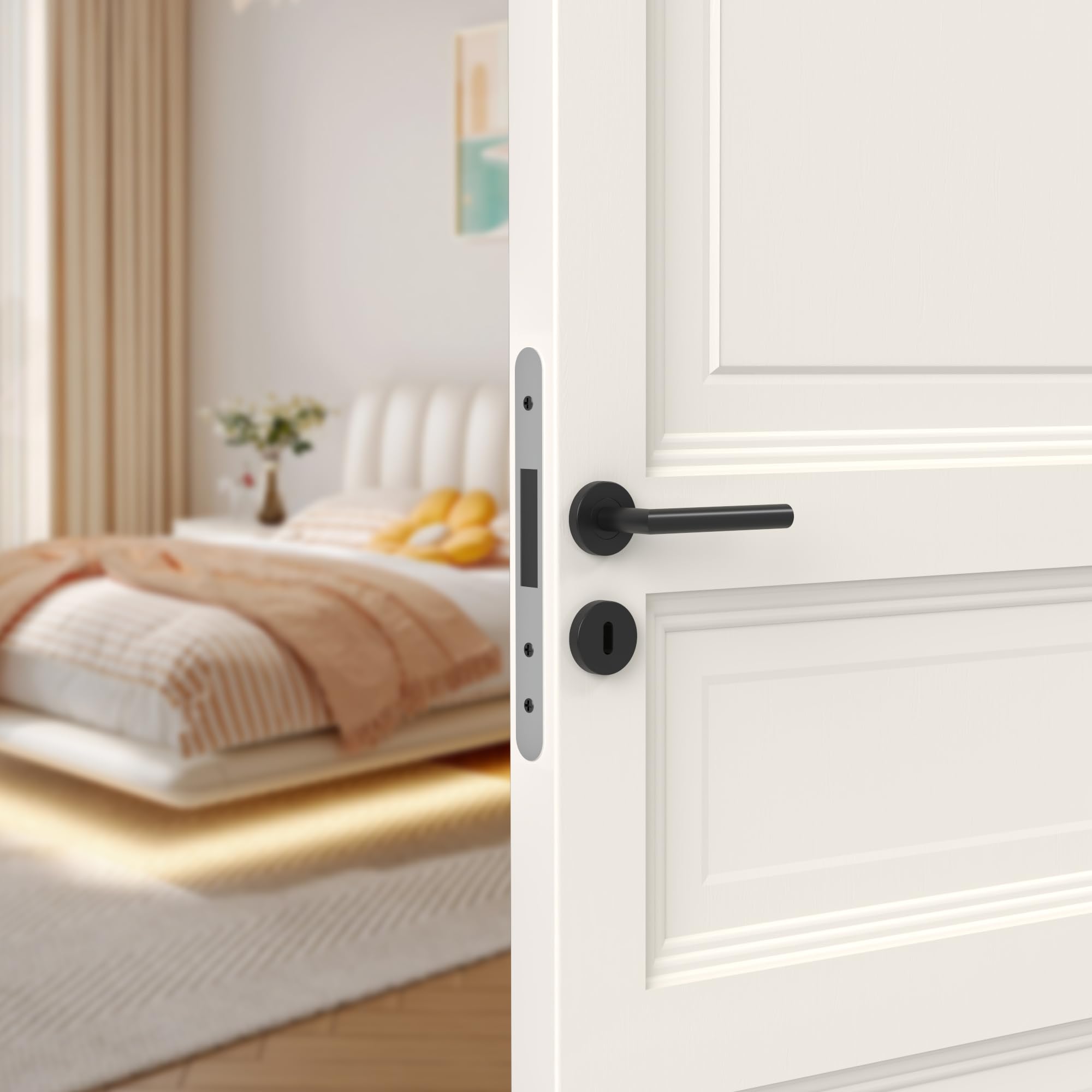 Maniglie per Porta Interne 4 Pezzi, Maniglia per Porta in Acciaio Inox con Rosetta Arrotondata Ø 52 mm, Nero Opaco, Forma di L, BB-Chiave a Profilo Tondo