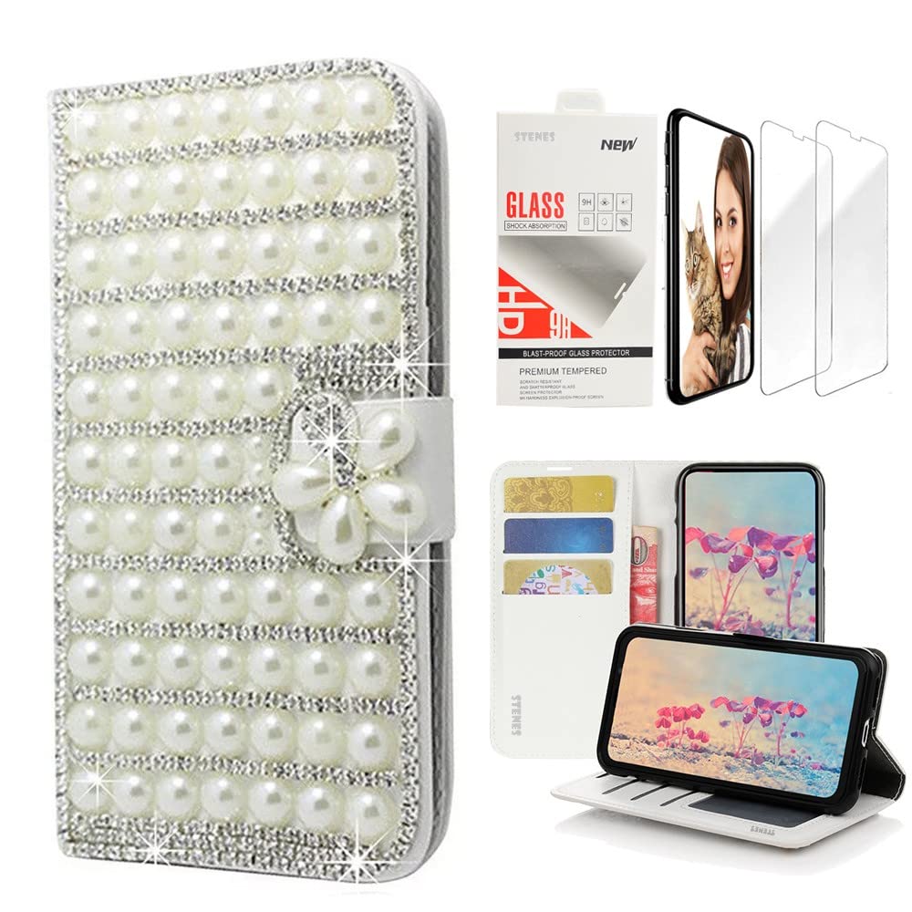 STENES Bling Wallet Phone Case Compatible with iPhone 14 Pro Max - Stylish - 3D Handmade Pearl Lattice Flowers Design Leather Cover with Screen Protector [2 Pack] - White