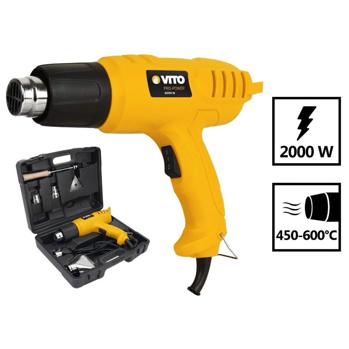 Pistola de calor Vito 2000 W + maletín 5 accesorios – 2 temperatures y caudal de aire elegir
