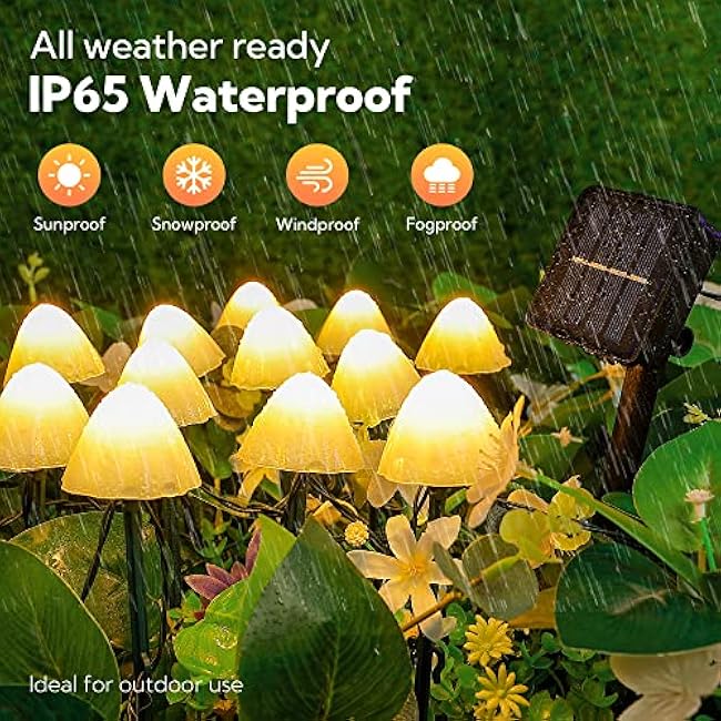Solar Garden Lights, 12 LED 14.5ft Mini Mushroom Solar Lights Outdoor Waterproof, 2 Modes Lighted Mushroom Shaped Pathway Light for Patio Yard Garden Christmas Fall Decoration£¨Warm White£©