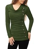 Women&apos;s Cowl Neck Tops Long Sleeve Buttons Decor Tuinc Shirts Ruched Top