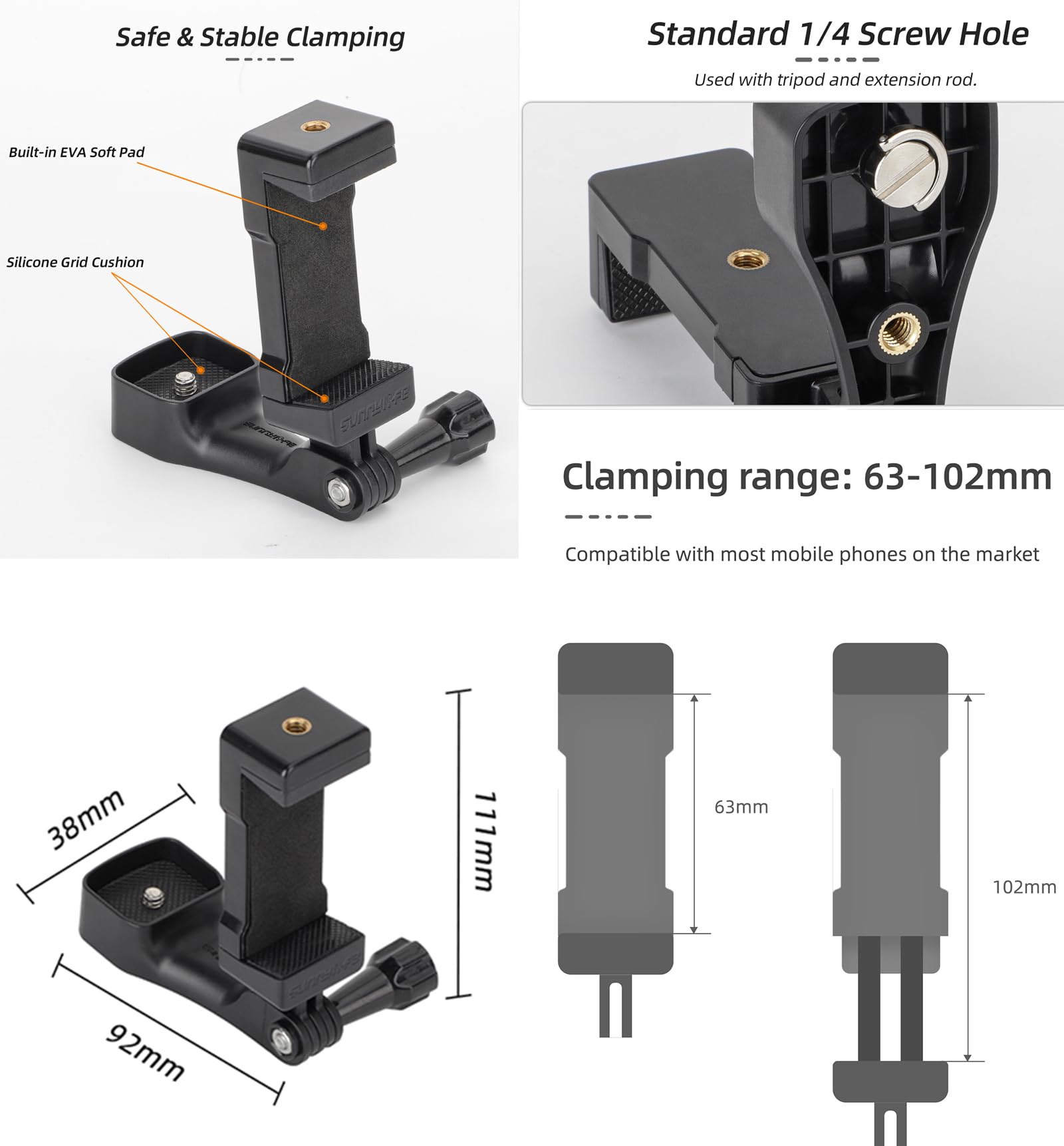 Osmo Pocket 4/3 Support de Téléphone+ Trépied,Devant Téléphone Intelligent Support Monte avec 1/4 Vis Adaptateur Compatible avec DJI Osmo Pocket 4/3 D'extension Accessoires