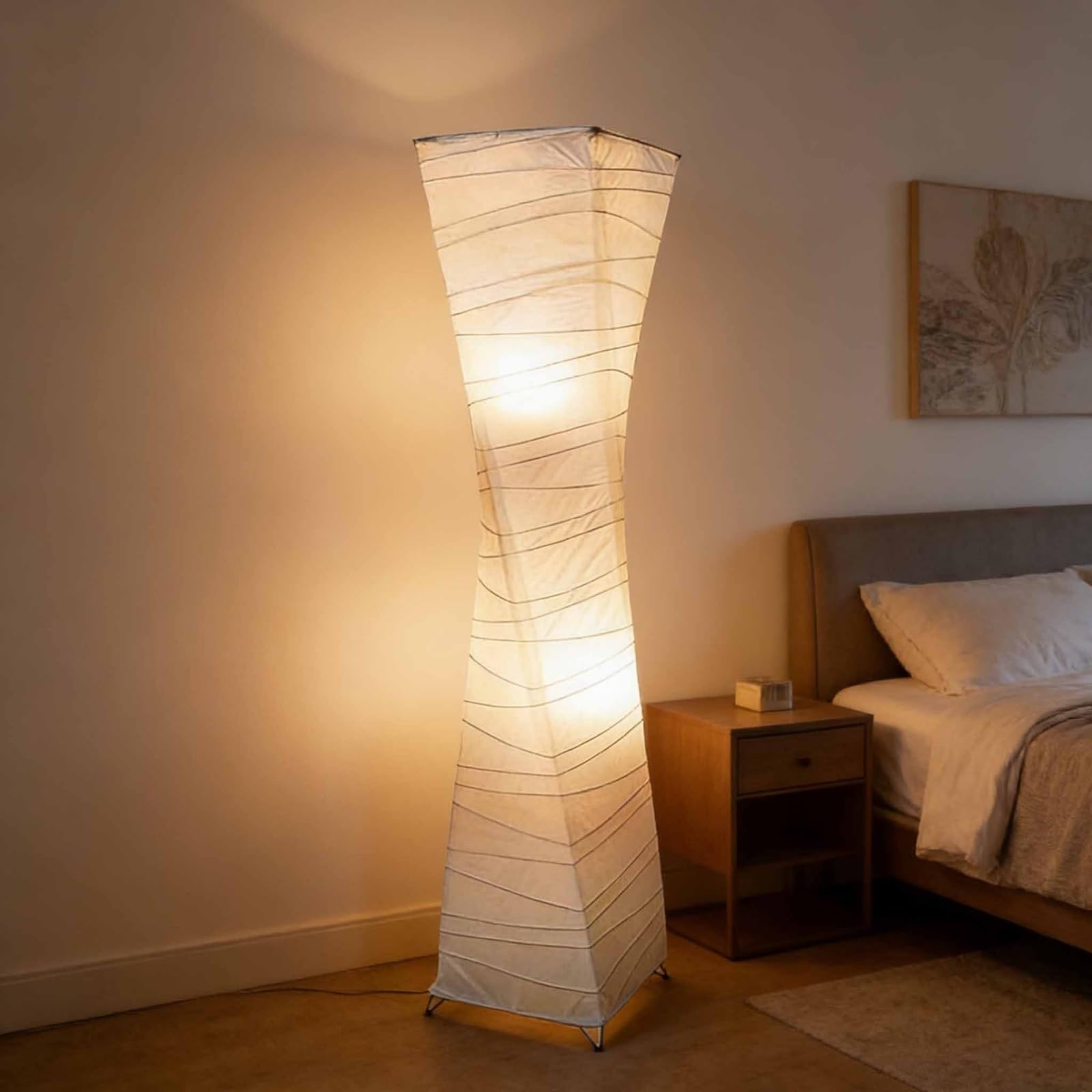 Japanese Paper Floor Lamp Shade, Rice Paper Lantern with 2 Led, Tall Standing Lamp, Ambient Lighting Bedside Lamp for Living Room Bedroom and Office(Warm Light)(White,3W)