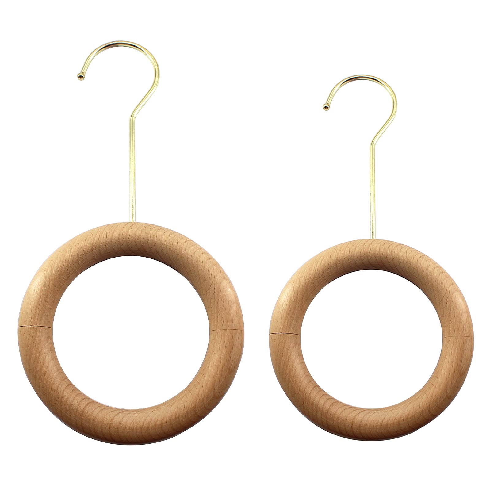 2 Pcs Natural Wood Scarf Hanger Ring Holder with Gold Hook Organiser Storage Hanger for Shop Display Wardrobe Closet Scarves Shawl Tie Belt Towel Necklace Jewellery Accessory Rack
