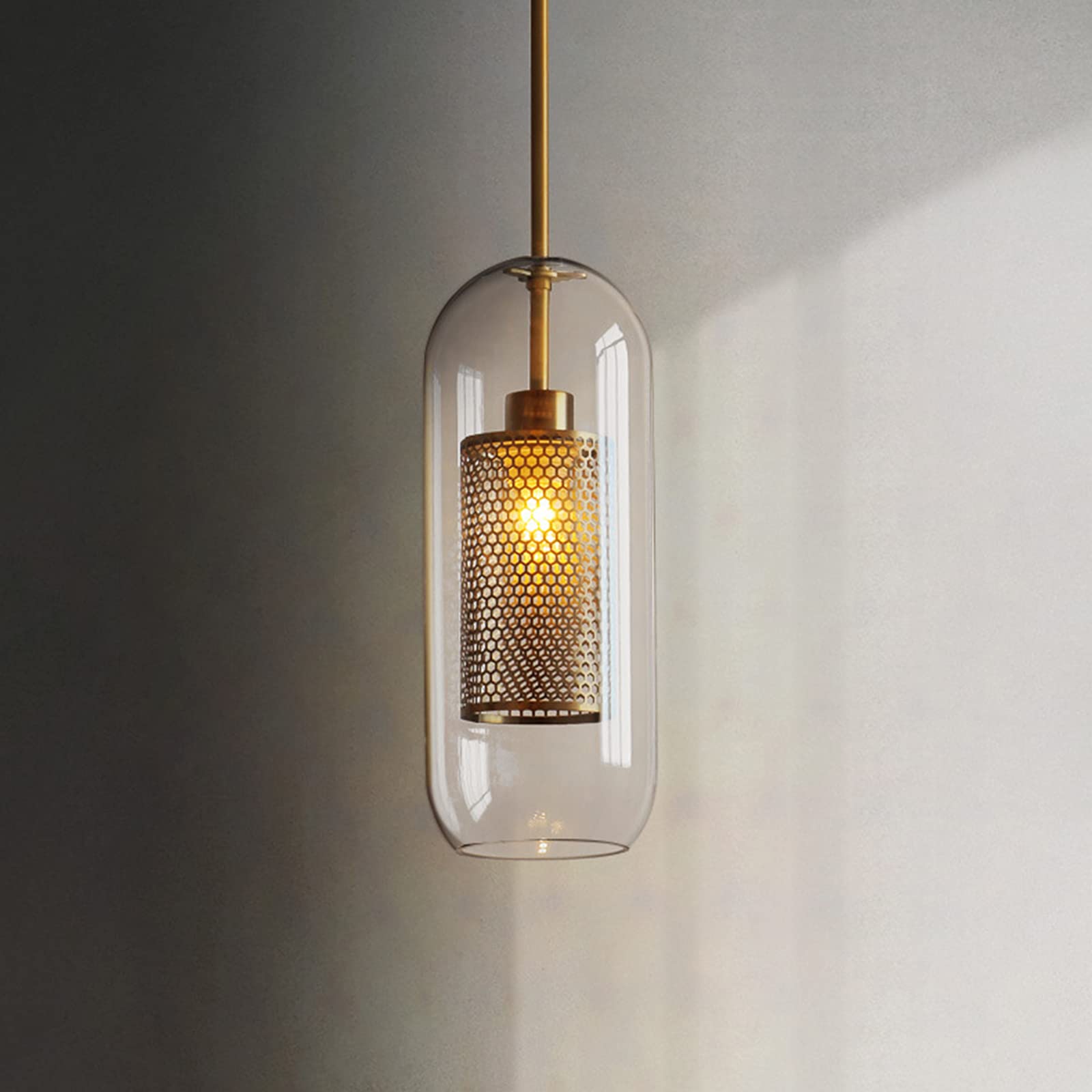 Cylinder Clear Glass Pendant Light, Industrial Style Vintage Bronze Hanging Lamp Ceiling Light Fixture For Bedroom, Dining Table, Cafe,Cool White-15cm