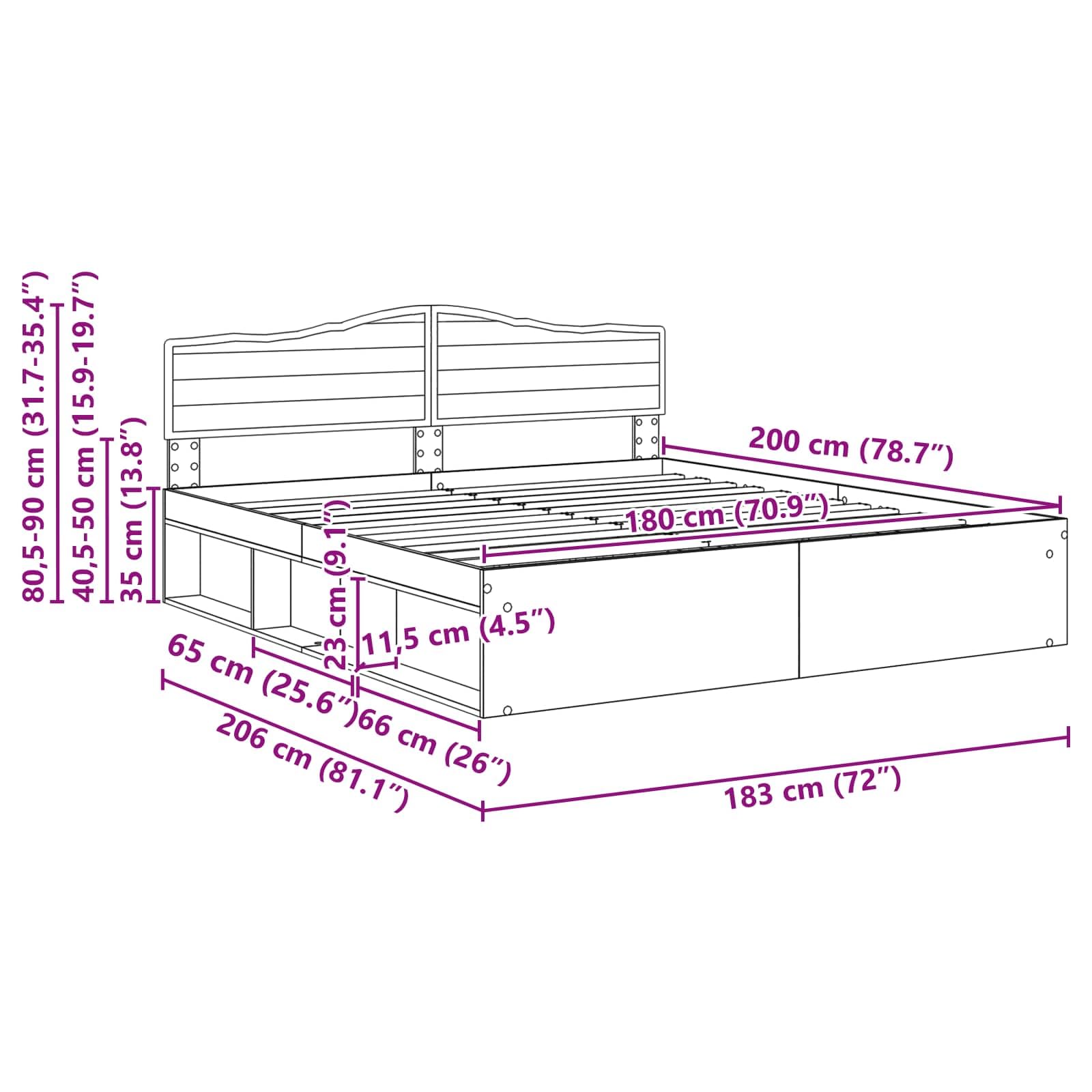 Bettrahmen Geräucherte Eiche aus massivem Kiefernholz 180 x 200 cm Super King Size Bettgestell mit Lattenrost und Kopfteil für Schlafzimmer und Gästezimmer, robust und pflegeleicht