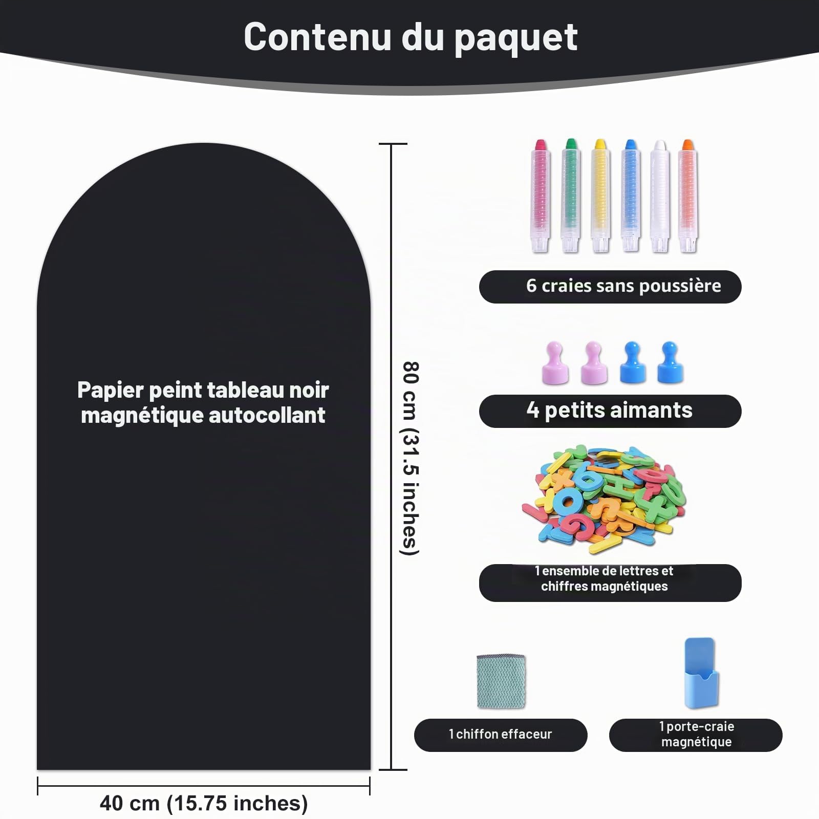 Tableau Noir Magnétique Autoadhésif 80 x 40 cm – Feuille Murale Effaçable avec Surface Magnétique, Design Arche, Inclut Craies, Chiffon et Aimants – Maison, Bureau, École (Noir)