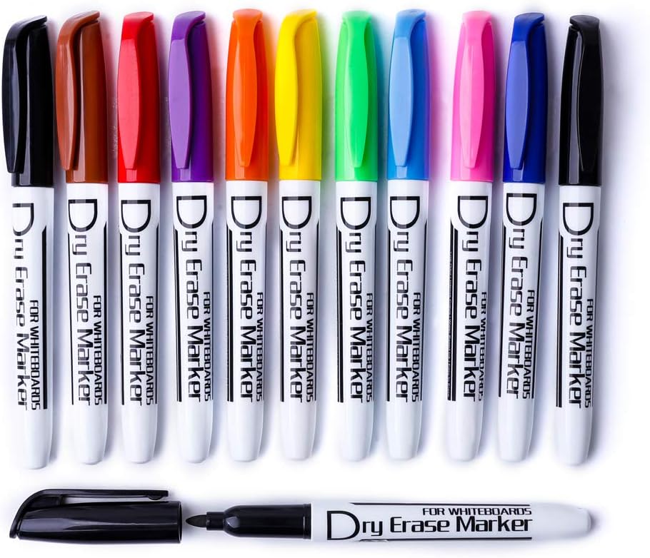 Dry Erase Markers Low Odor Fine Whiteboard Markers Thin Box of 12,10 Colors