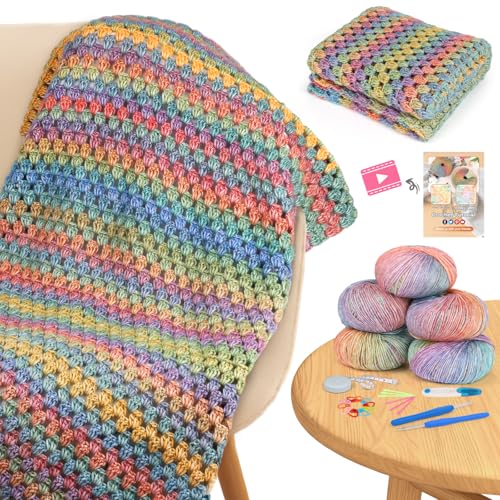 Image of Aeelike Blanket Crochet Kit for Beginners, Super Easy Crochet Blanket Kit with Soft & Colorful Gradient Yarns Detailed Video Tutorials Crocheting Accessories, Rainbow Gradient & Ideal Gift