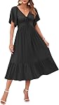 AUSELILY Women's Summer Empire Waist Midi Dress Drawstring Pleating Flowy Short Sleeve V Neck Sundresses 2026
