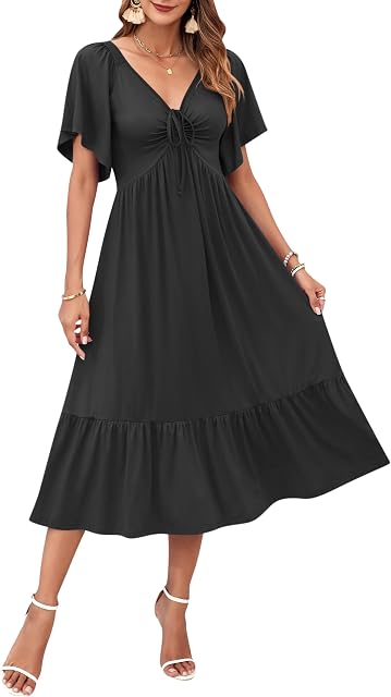 AUSELILY Women's Summer Empire Waist Midi Dress Drawstring Pleating Flowy Short Sleeve V Neck Sundresses 2026