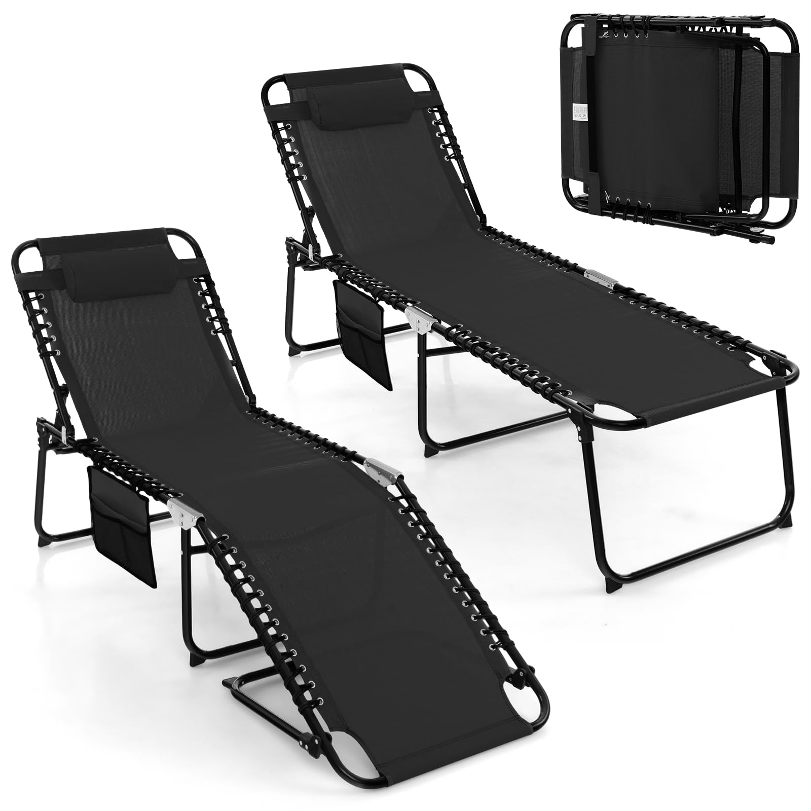 GYMAX Transat Extérieur pour Jardin, Chaise Longue Pliante avec Dossier et Repose-Pieds Réglables, Oreiller Amovible, Poche, pour Bain de Soleil, pour Piscine, Plage, Camping (Noir)