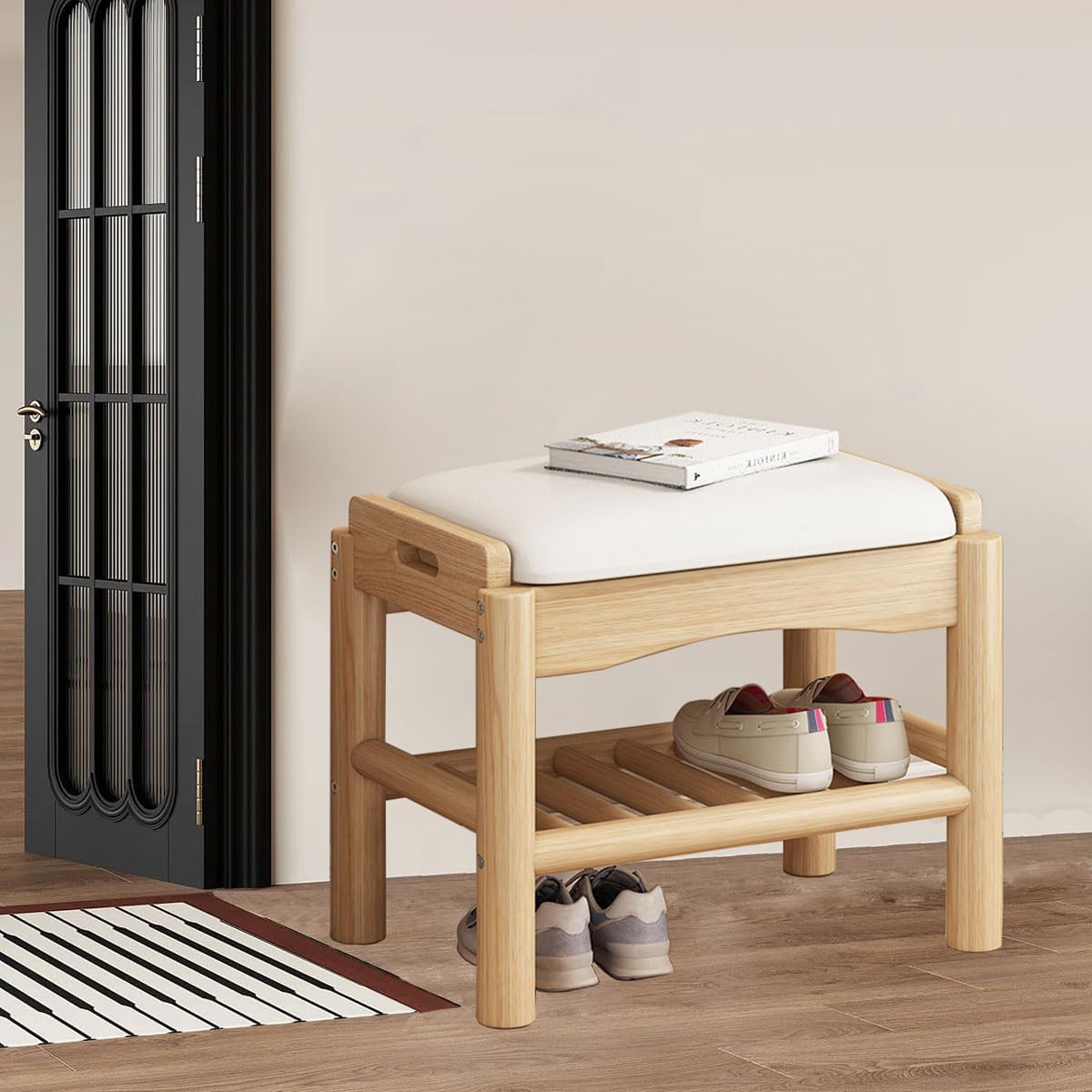 Banco Zapatero con Asiento Madera Blanca, 45x30x40 cm para 4 Pares