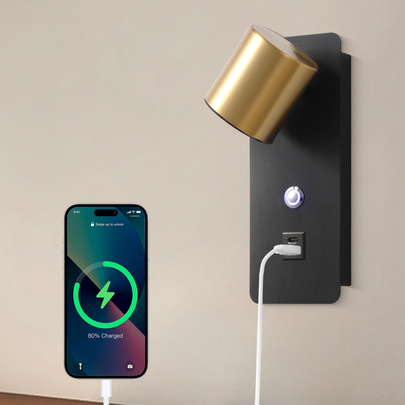 Interni Lettura LED Applique da Parete con Tattile Controllo Interruttore Luce da Parete 3000K/4000K/6000K Dimmerabile Lampada da Parete con USB Ricarica Porte per Corridoio (Oro)
