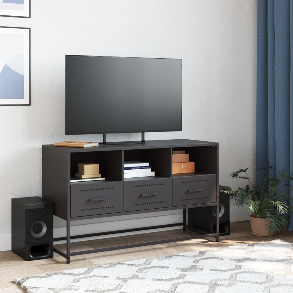 ZBZFGE Mobile TV Industriale in Acciaio Nero 100,5x39x60,5 cm, Dispone di 3 Scomparti Aperti e 3 Cassetti, Struttura Robusta per Soggiorno, Facile da Pulire e Assemblare