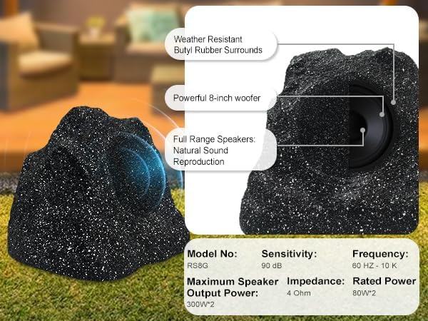 Contents of the Herdio 8-inch outdoor rock speaker box, showing two rock speakers and a user manual.