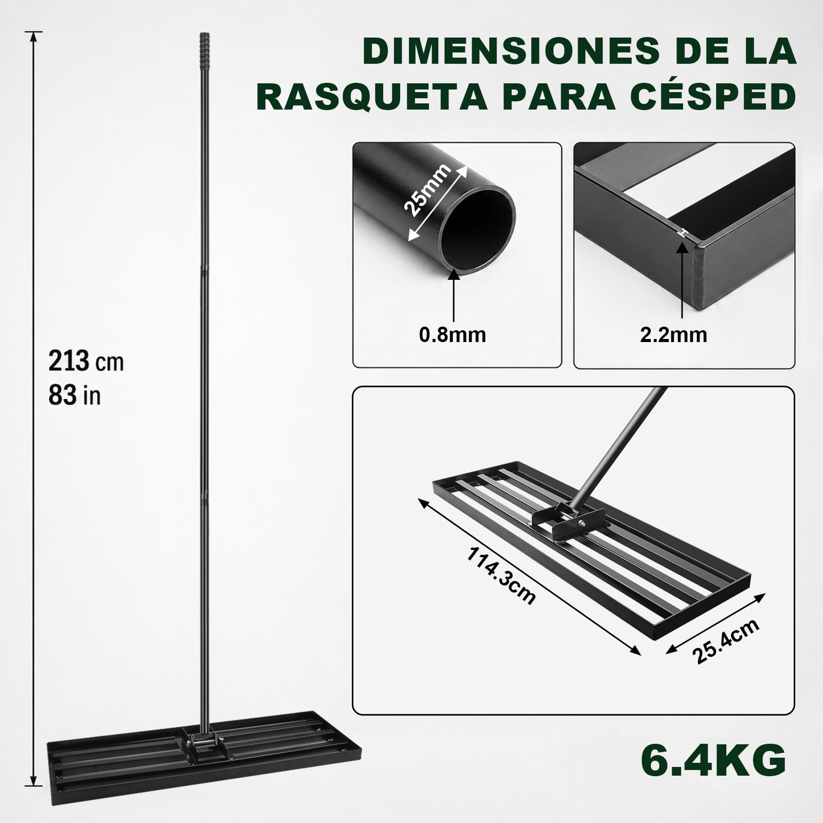 Rastrillo Nivelador de Alto Rendimiento, 114×25cm Rastrillo de Césped, Rastra de Nivelación para Césped, Cabezal Ancho para Jardines y Zonas Verdes, Rastra Niveladora Resistente con Mango de 213 cm