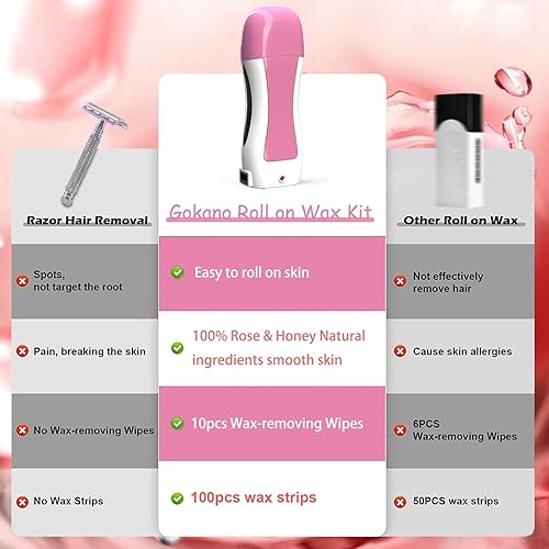 Miniatura 3 de Gokano - Kit de cera enrollable para depilación, kit de cera con cartuchos de cera de miel y rosa, 100 tiras de cera, 10 toallitas para eliminar