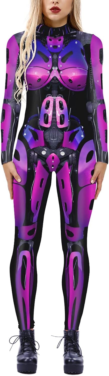 Generisch Women's Turtleneck Simulation 3D Print Robot Zipper Bodysuit Full Body Suit Halloween