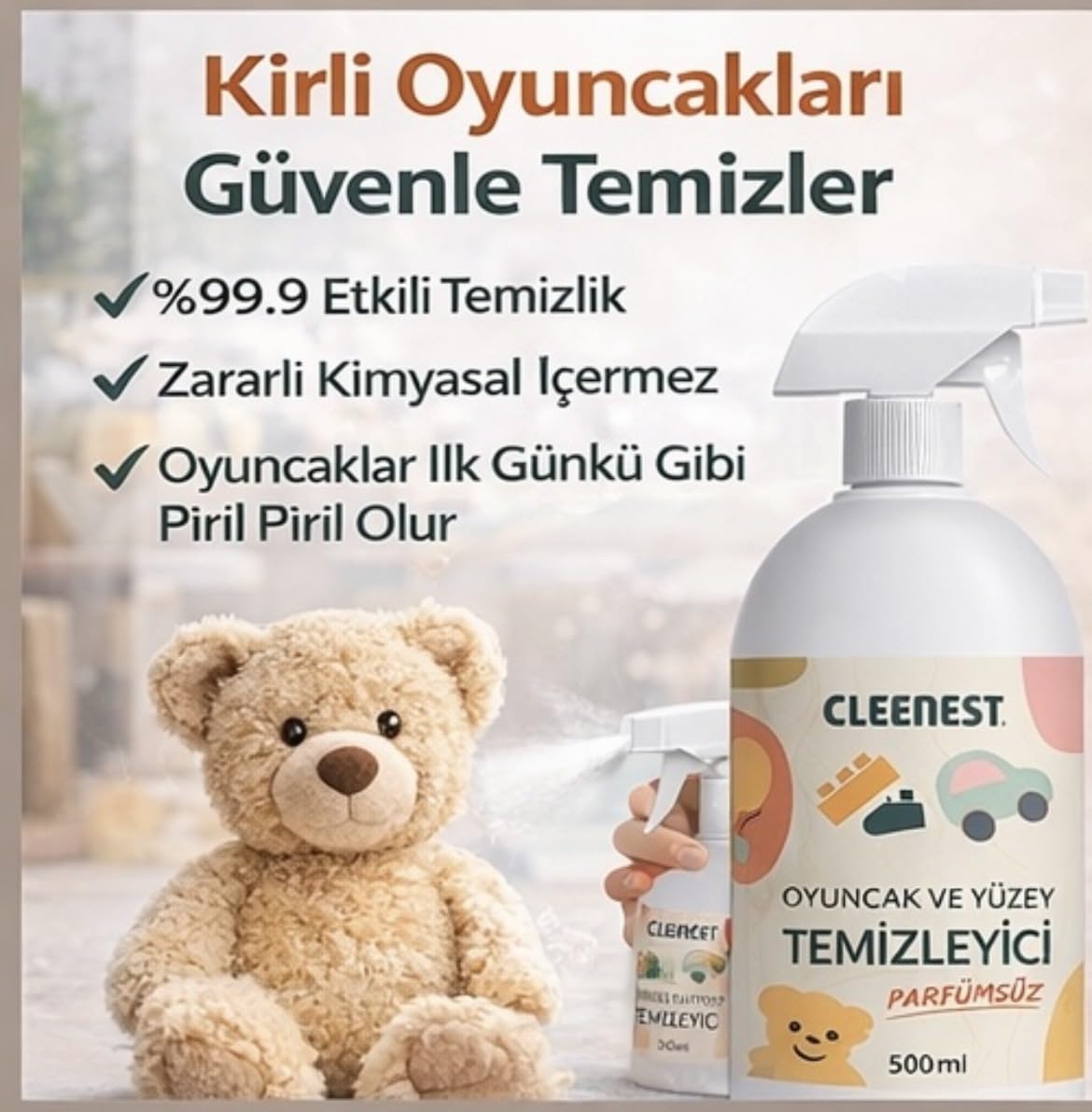 Cleenest Oyuncak Temizleyici Sprey 500 ml – Oyuncak, Mama Sandalyesi ve Yüzeyler için Parfümsüz Hijyen Spreyi