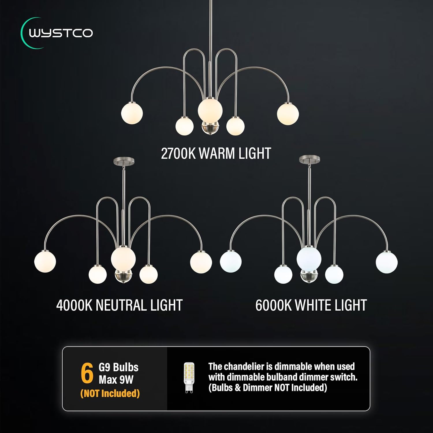 Mid Century Glass Globe Sputnik Chandeliers for Dining Room, Kitchen Island, Foyer, Living Room, Entryway, 6-Light Nickel Large Pendant Light Fixture Over Table (Milk White Bubble, 40 Inch)