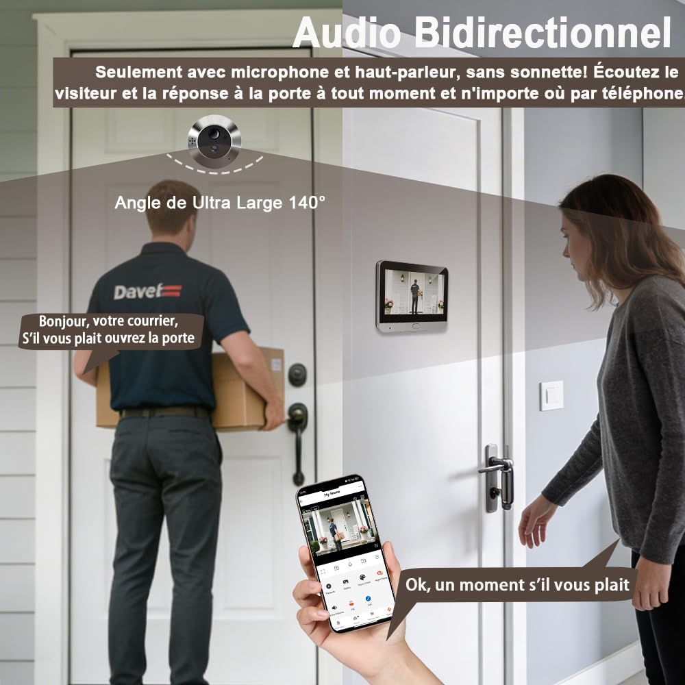 2K Judas de Porte Caméra Surveillance avec Audio Bidirectionnel,Détection de Mouvenment, Visiophone Connecté Interphone Vidéo,Judas Numérique 4.3'' Écran Batterie 5000mAh,Vision 140°,Vision Nocturne