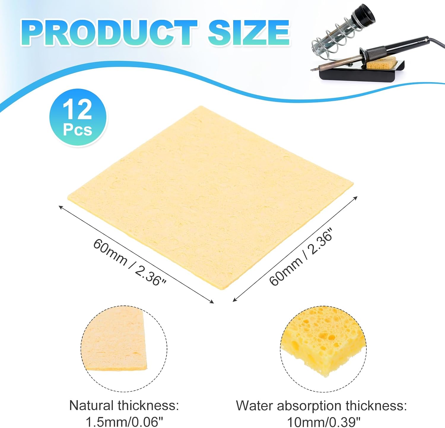 MECCANIXITY 12PCS Soldering Sponge 60 x 60mm Square Deep Yellow Cleaning Pad Welding Tip Iron Replacement for Cleaning Soldering Iron 1.5mm Natural Thickness 10mm Water Absorption Thickness