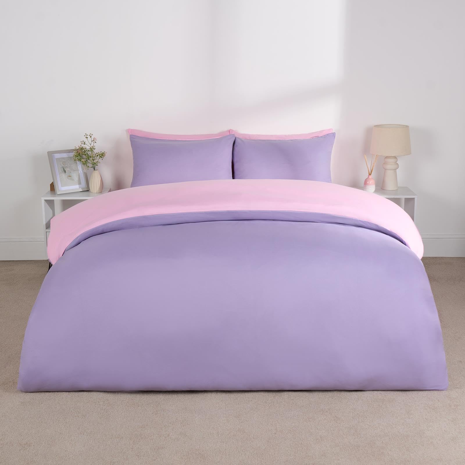 BrentfordsLilac Single Duvet Set, Reversible Pink Soft Breathable Quilt Covers Luxury Hotel Quality Microfibre Bed Set Single Duvet Quilt Bedding with Pillowcase - Purple/PinkOEKO-TEX STANDARD 100